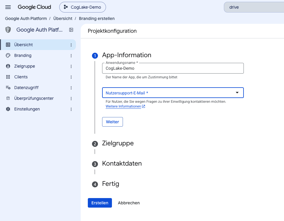 Google Auth Platform: App-Informationen, Zielgruppe, Kontaktdaten und Abschließen